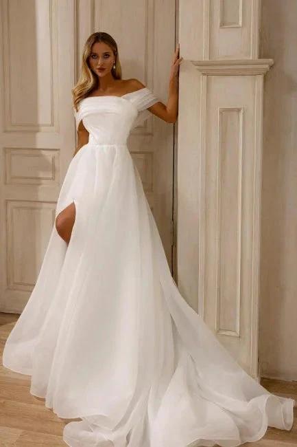 Amazing A-Line Chiffon Tulle Off-The-Shoulder Sleeveless White Wedding Dress With Split Front (ZD16475)