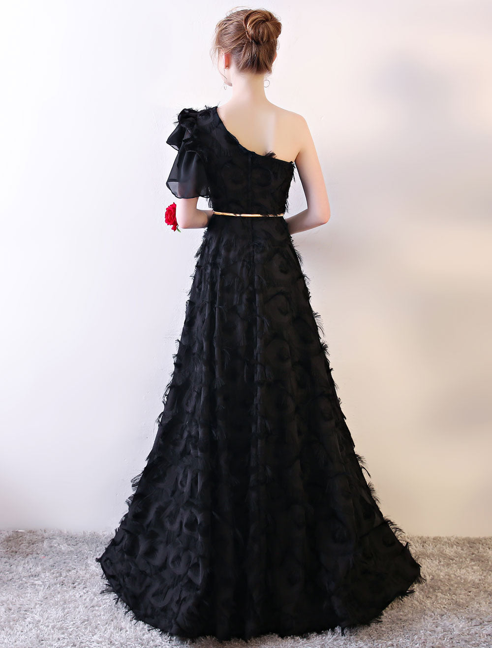 Amazing Black Evening Dress One-Shoulder evening dress Long Lace Ruffles Floor-Length Formal Dress With Sash
