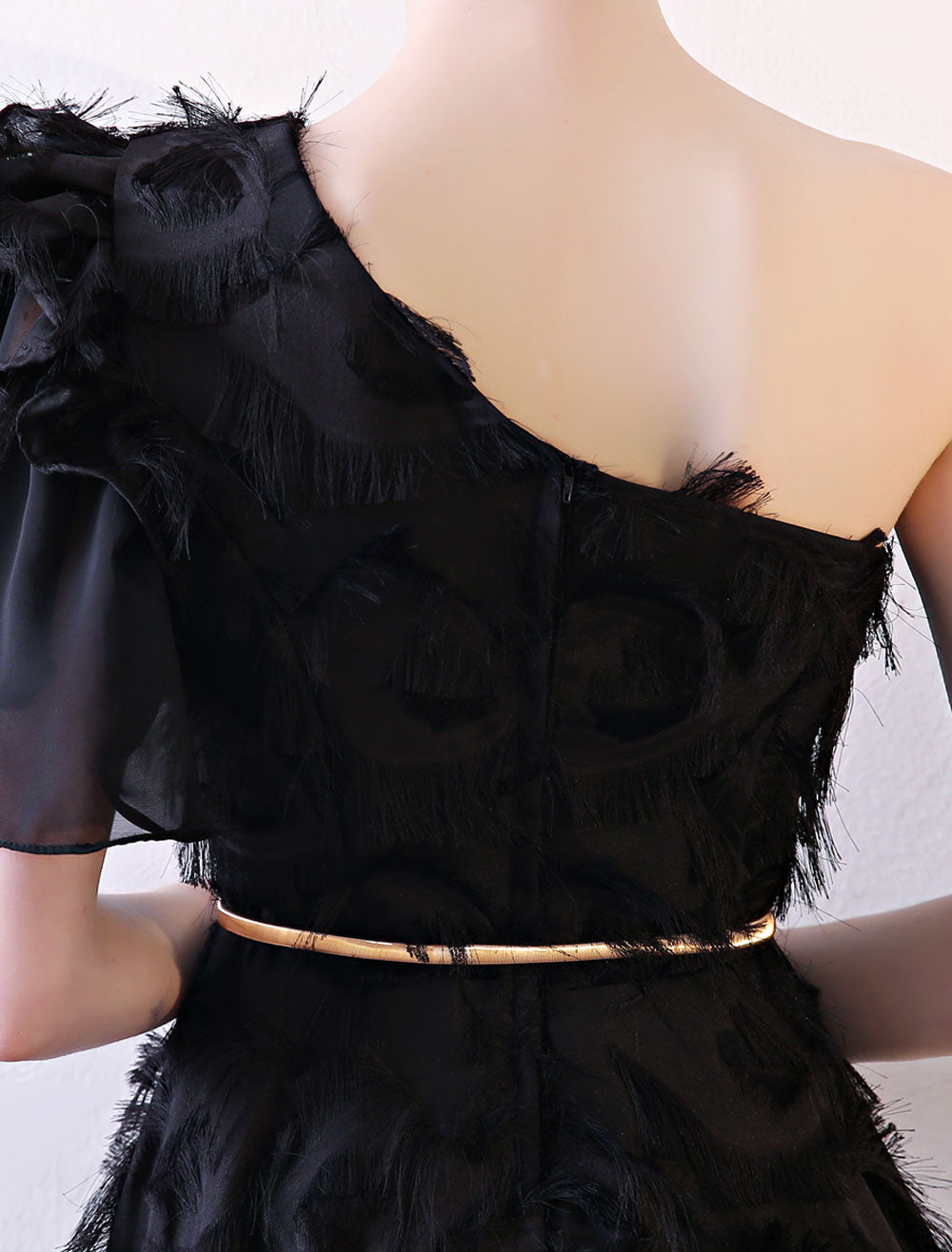 Amazing Black Evening Dress One-Shoulder evening dress Long Lace Ruffles Floor-Length Formal Dress With Sash
