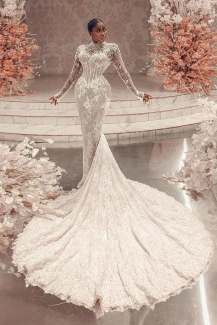 Amazing Column Lace High Neck Long Sleeve White Long Wedding Dress With Appliques Train (ZD15531)