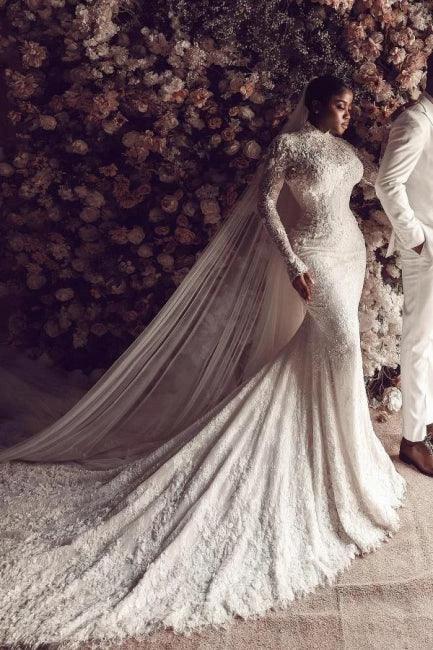 Amazing Column Lace High Neck Long Sleeve White Long Wedding Dress With Appliques Train (ZD15531)
