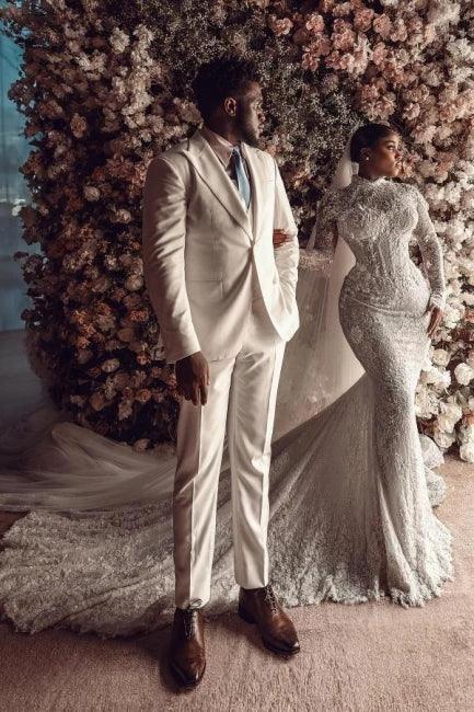 Amazing Column Lace High Neck Long Sleeve White Long Wedding Dress With Appliques Train (ZD15531)