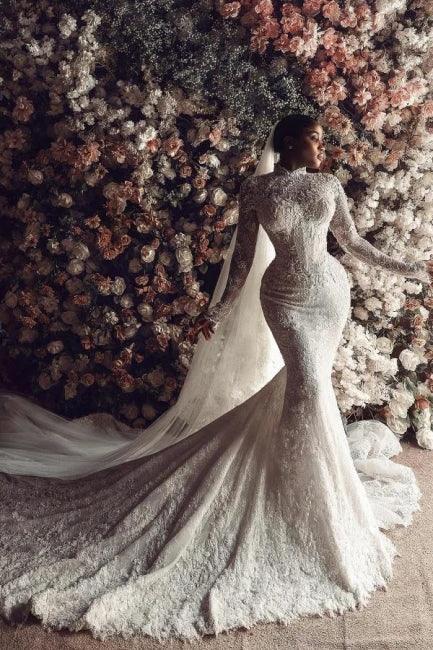 Amazing Column Lace High Neck Long Sleeve White Long Wedding Dress With Appliques Train (ZD15531)