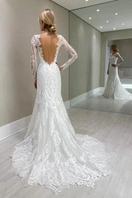 Amazing Column Lace Long Sleeve White Wedding Dresses With Appliques (ZD16636) - View 4 | VelvetHem