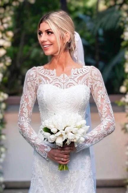 Amazing Column Lace Long Sleeve White Wedding Dresses With Appliques (ZD16636) - View 3 | VelvetHem