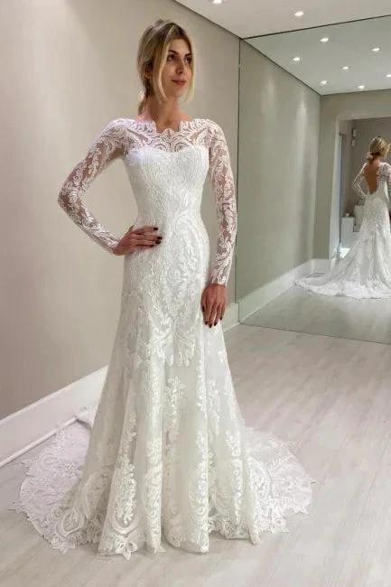 Amazing Column Lace Long Sleeve White Wedding Dresses With Appliques (ZD16636)