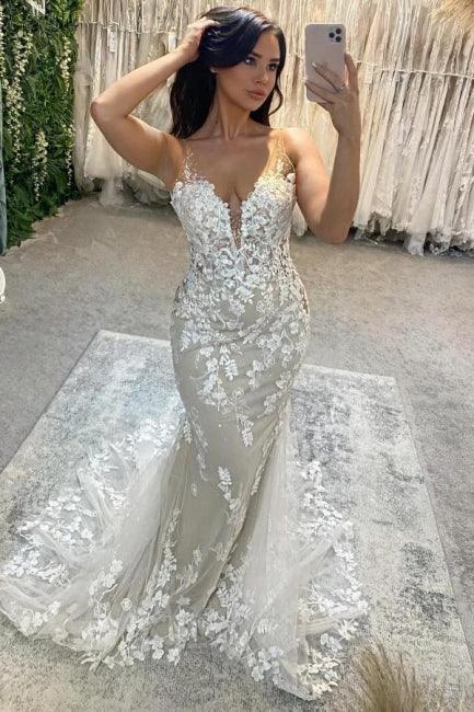 Amazing Column Tulle Lace Spaghetti Straps Sleeveless Ivory Wedding Dress With Appliques (ZD15503)