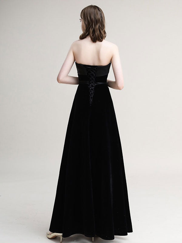 Amazing Evening Dress A-Line Strapless Velour Floor-Length Sash evening dress