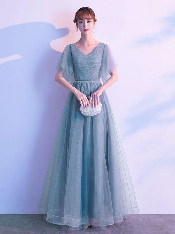 Amazing Evening Dress A-Line V-Neck Matte Satin Floor-Length Sequins Formal Party Dresses