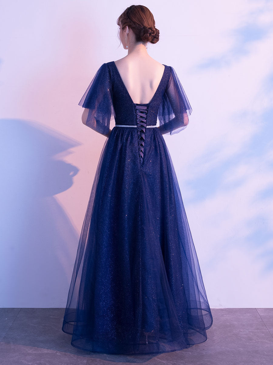 Amazing Evening Dress A-Line V-Neck Matte Satin Floor-Length Sequins Formal Party Dresses