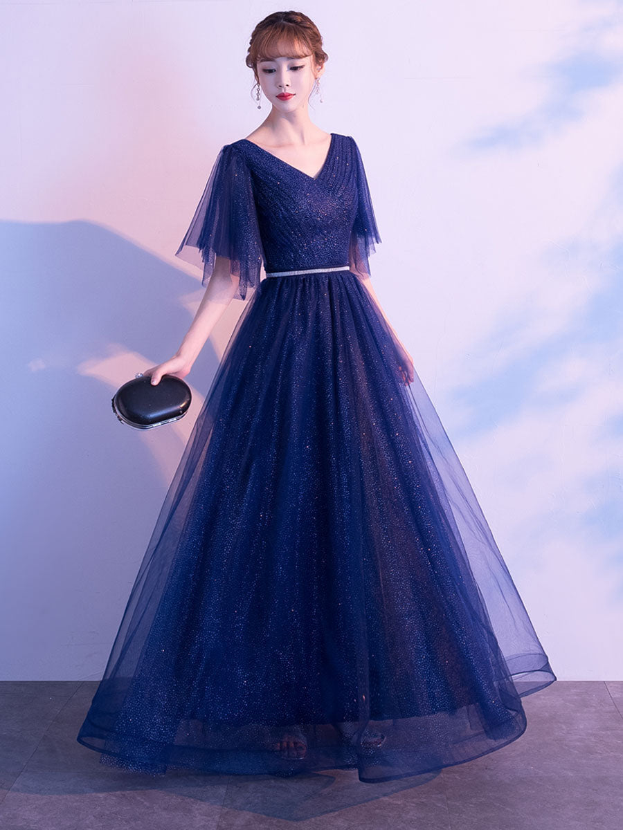 Amazing Evening Dress A-Line V-Neck Matte Satin Floor-Length Sequins Formal Party Dresses
