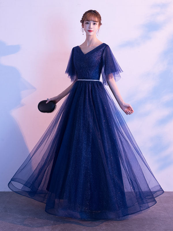 Amazing Evening Dress A-Line V-Neck Matte Satin Floor-Length Sequins Formal Party Dresses