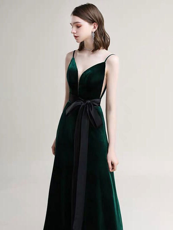 Amazing Evening Dress A-Line V-Neck Velour Floor-Length Sash Social Pageant Dresses