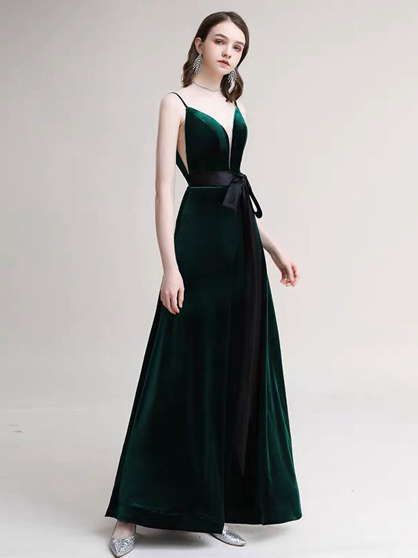Amazing Evening Dress A-Line V-Neck Velour Floor-Length Sash Social Pageant Dresses