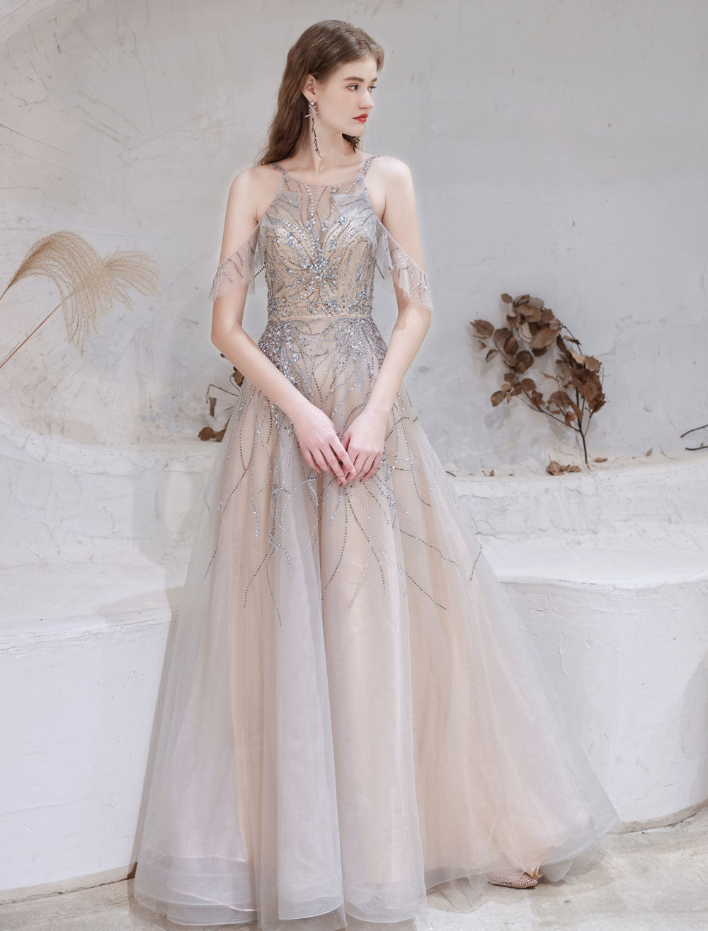Amazing Evening Dress Nude Color A-Line Bateau Neck With Train Sleeveless Zipper Formal Party Dresses Pageant Dress