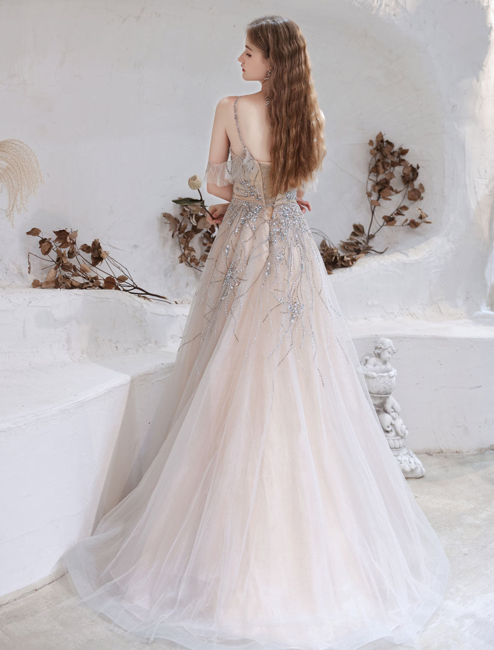 Amazing Evening Dress Nude Color A-Line Bateau Neck With Train Sleeveless Zipper Formal Party Dresses Pageant Dress