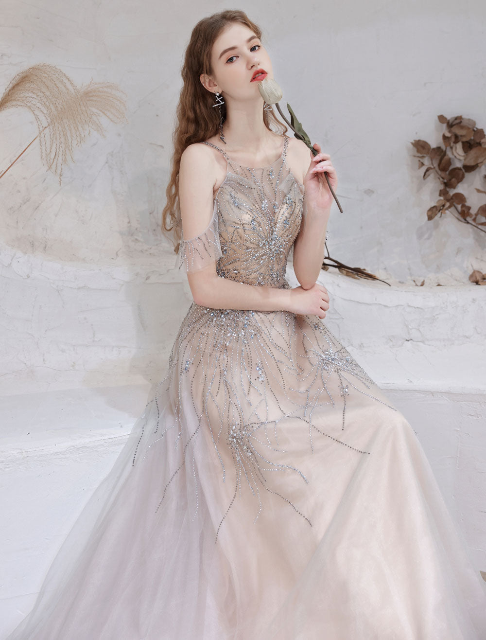 Amazing Evening Dress Nude Color A-Line Bateau Neck With Train Sleeveless Zipper Formal Party Dresses Pageant Dress