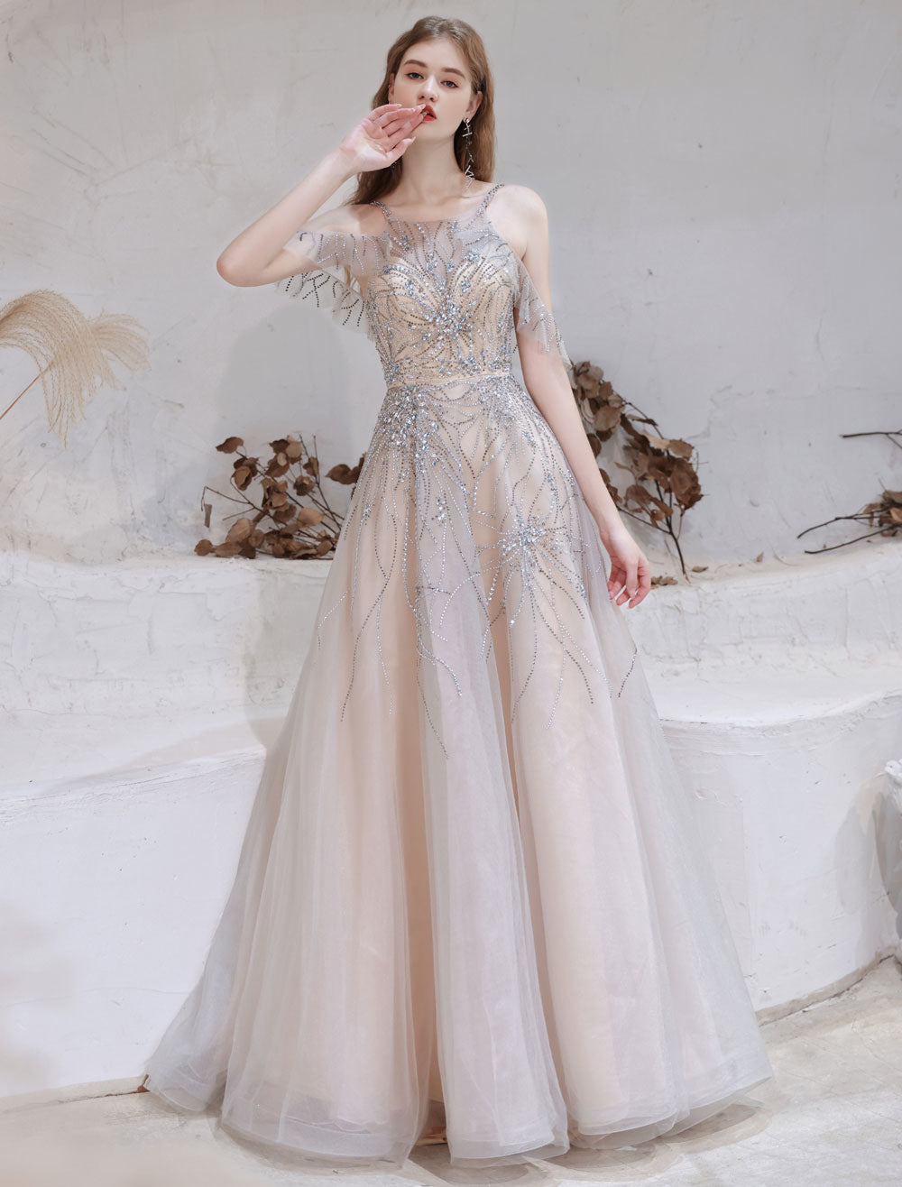 Amazing Evening Dress Nude Color A-Line Bateau Neck With Train Sleeveless Zipper Formal Party Dresses Pageant Dress