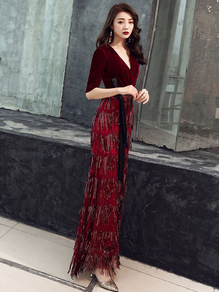 Amazing Evening Dress Sheath V-Neck Velour Floor-Length Sash Social Party Dresses