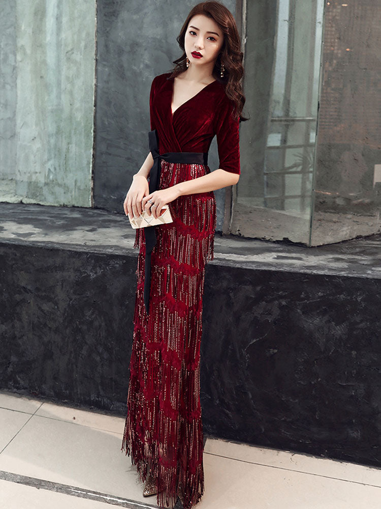 Amazing Evening Dress Sheath V-Neck Velour Floor-Length Sash Social Party Dresses