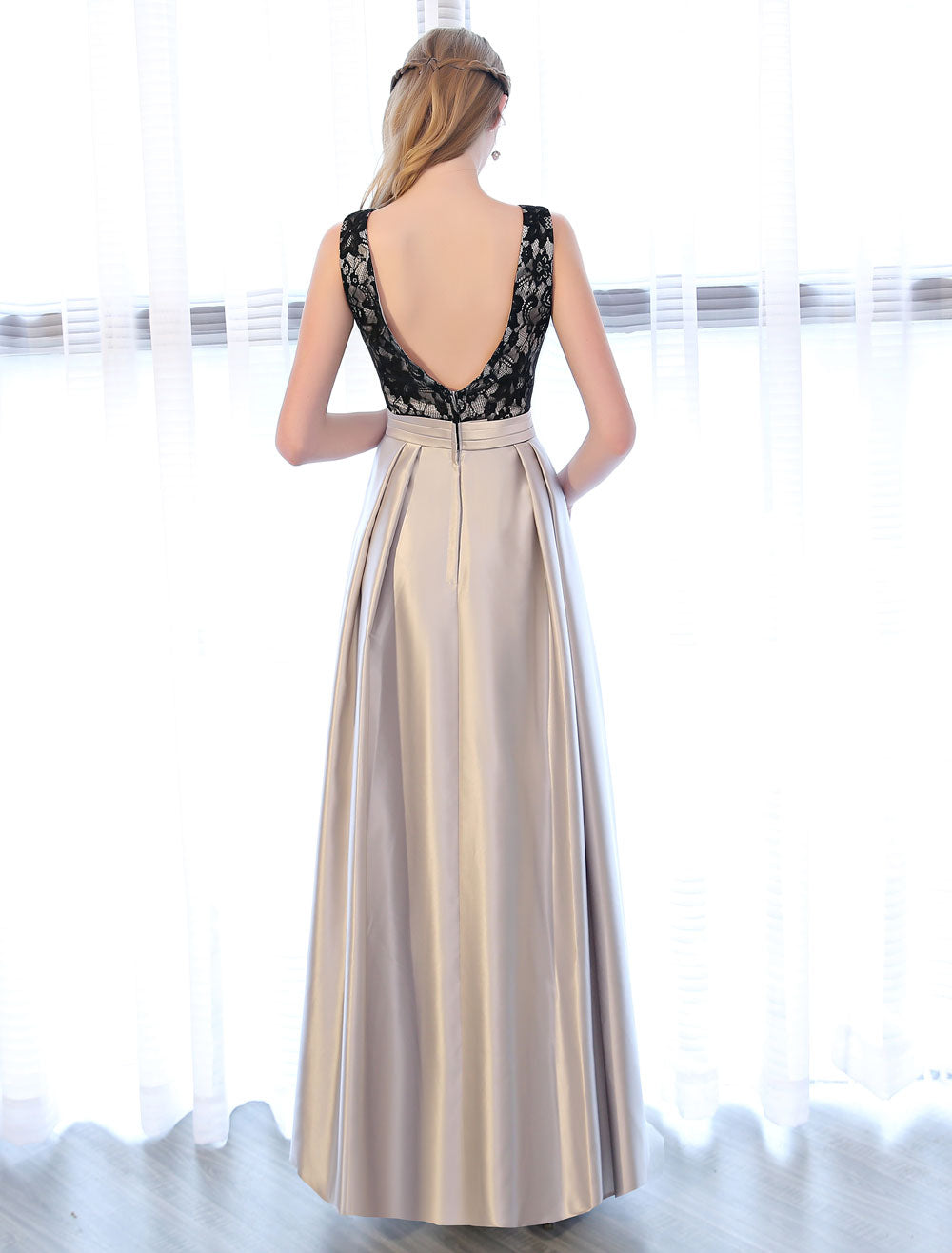 Amazing Evening Dresses Satin Lace evening dress Sleeveless Backless Pleated Pockets Floor-Length Formal Dress