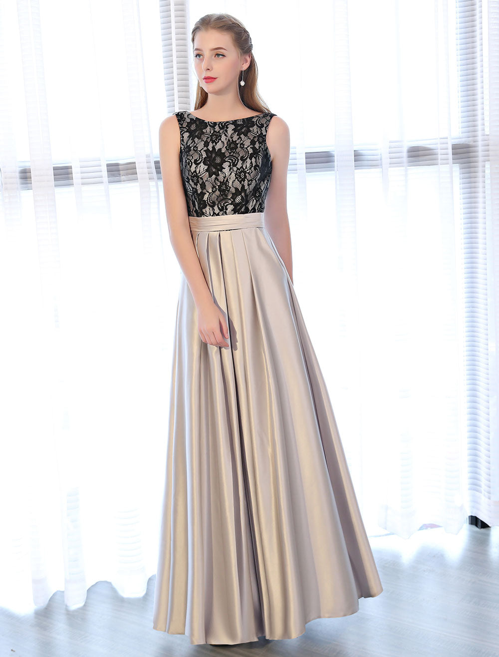 Amazing Evening Dresses Satin Lace evening dress Sleeveless Backless Pleated Pockets Floor-Length Formal Dress