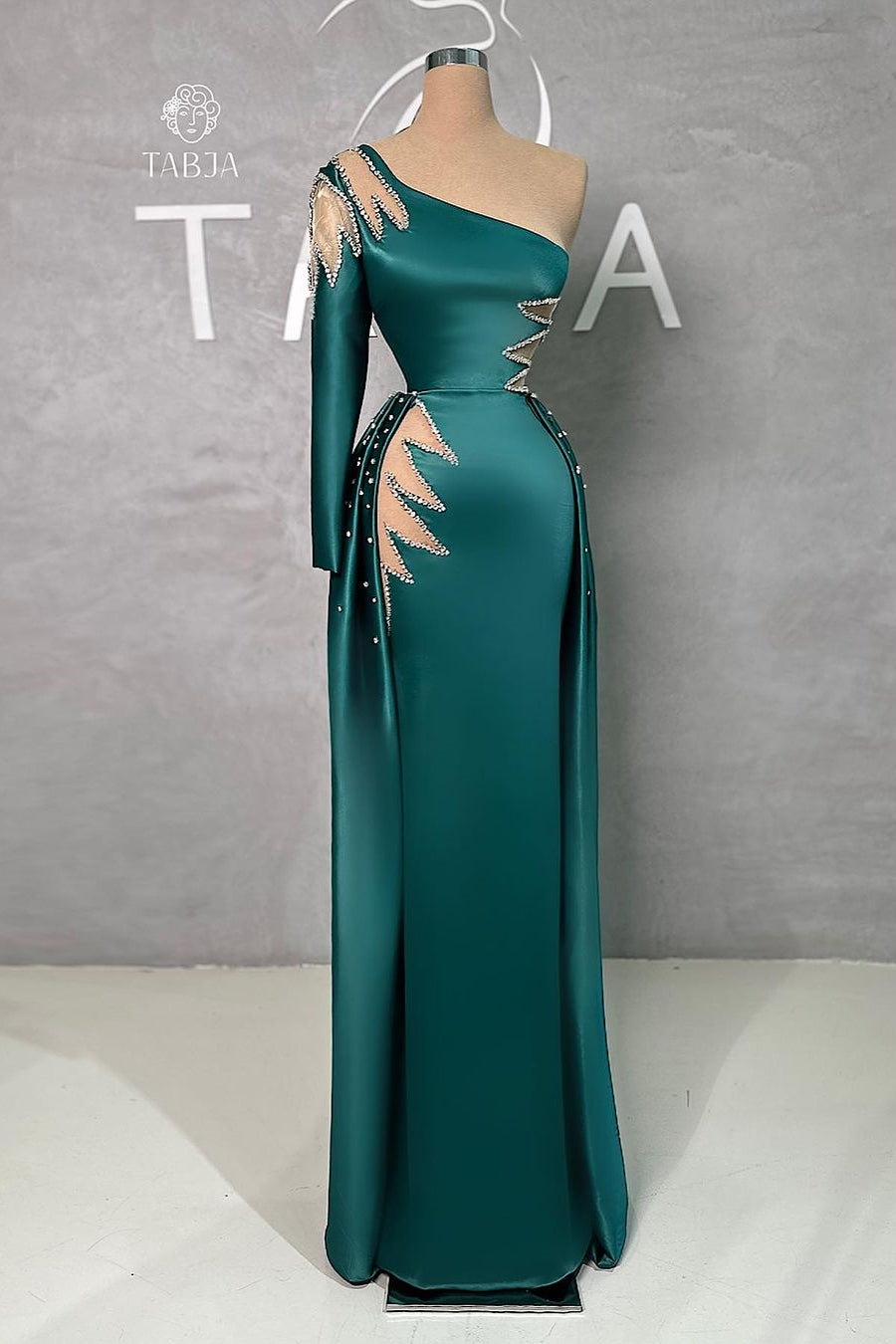 Amazing Floor-Length One-Shoulder Rhinestones Long Sleeve Prom Dress With Detachable Train