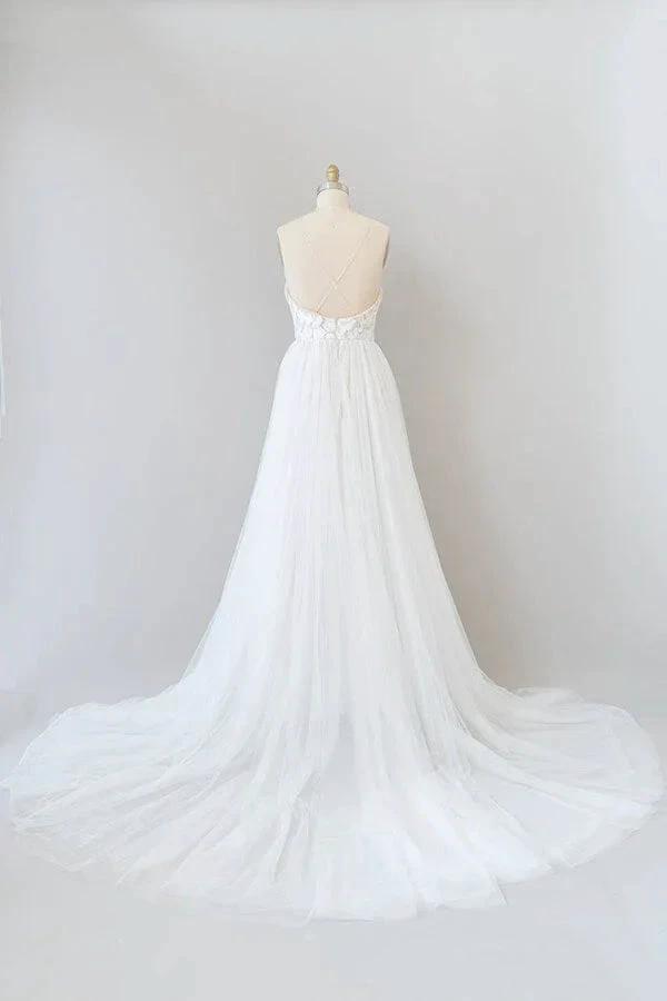 Amazing Long A-line Chapel Train Appliques Tulle Backless Wedding Dress (ZD14384)