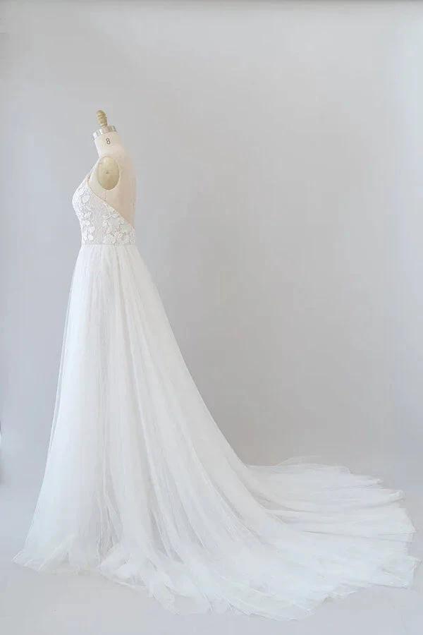 Amazing Long A-line Chapel Train Appliques Tulle Backless Wedding Dress (ZD14384)
