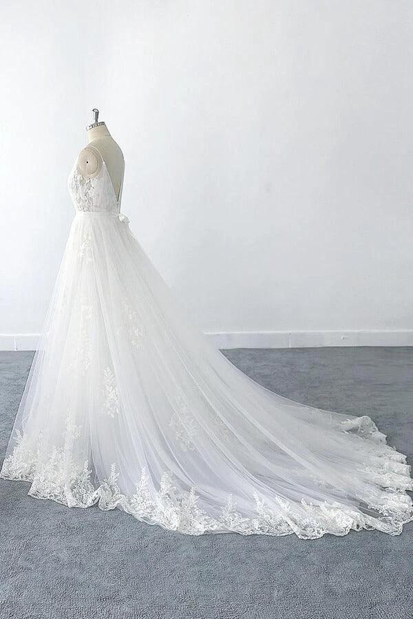 Amazing Long A-line V-neck Ruffle Appliques Tulle Wedding Dress (ZD15789)