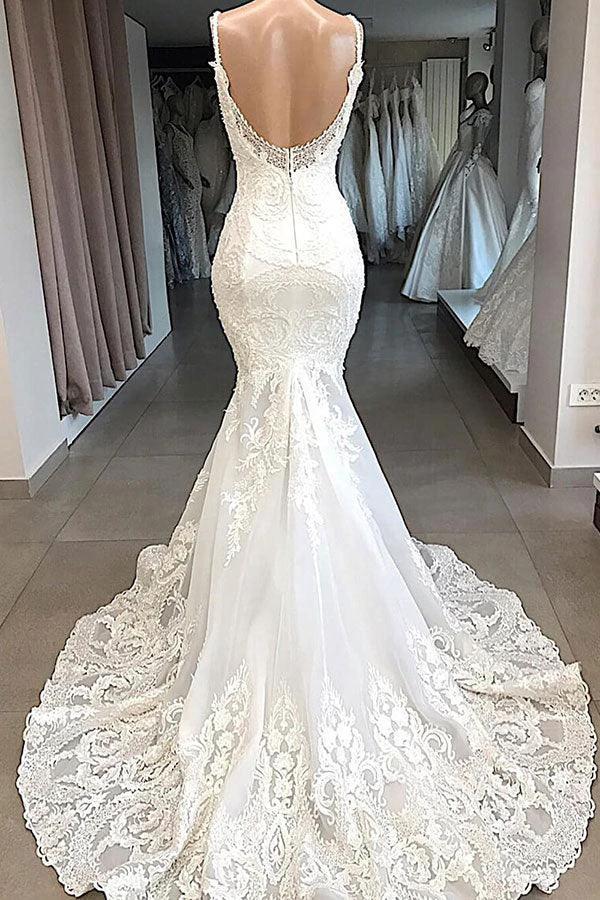 Amazing Long Mermaid Appliques Tulle Backless Wedding Dress (ZD14412)