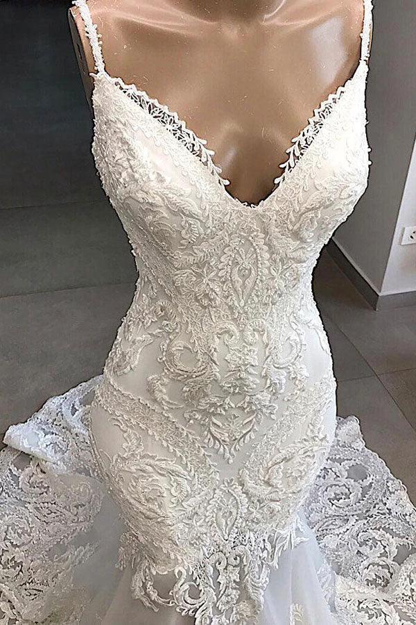 Amazing Long Mermaid Appliques Tulle Backless Wedding Dress (ZD14412)