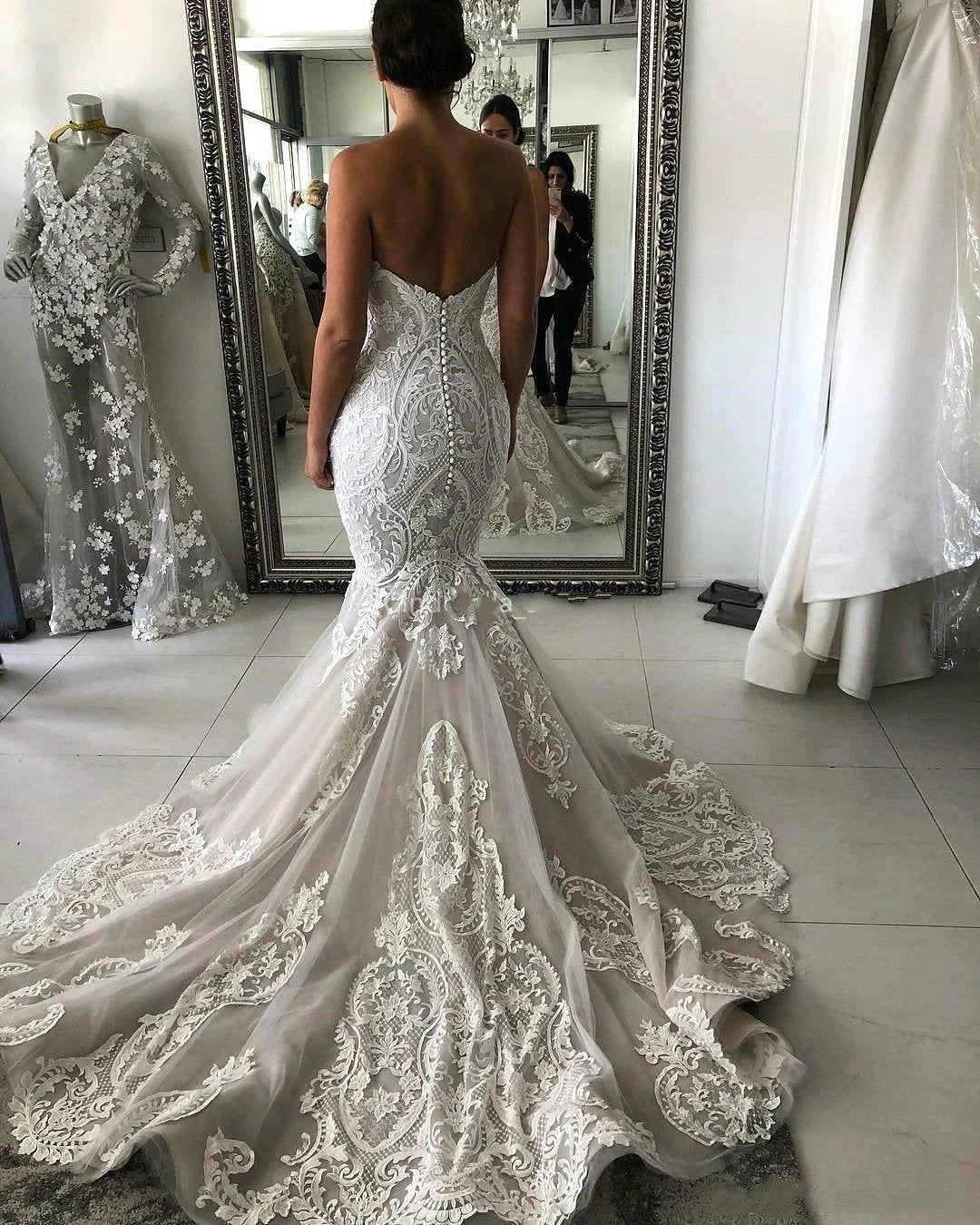 Amazing Long Mermaid Sweetheart Appliques Lace Wedding Dress (ZD15803) - View 2 | VelvetHem