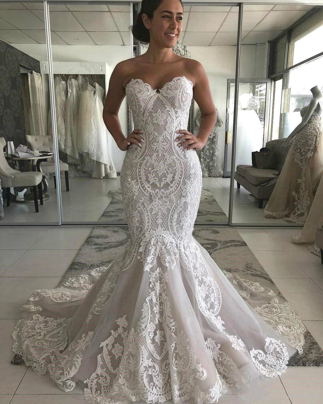 Amazing Long Mermaid Sweetheart Appliques Lace Wedding Dress (ZD15803) - VelvetHem