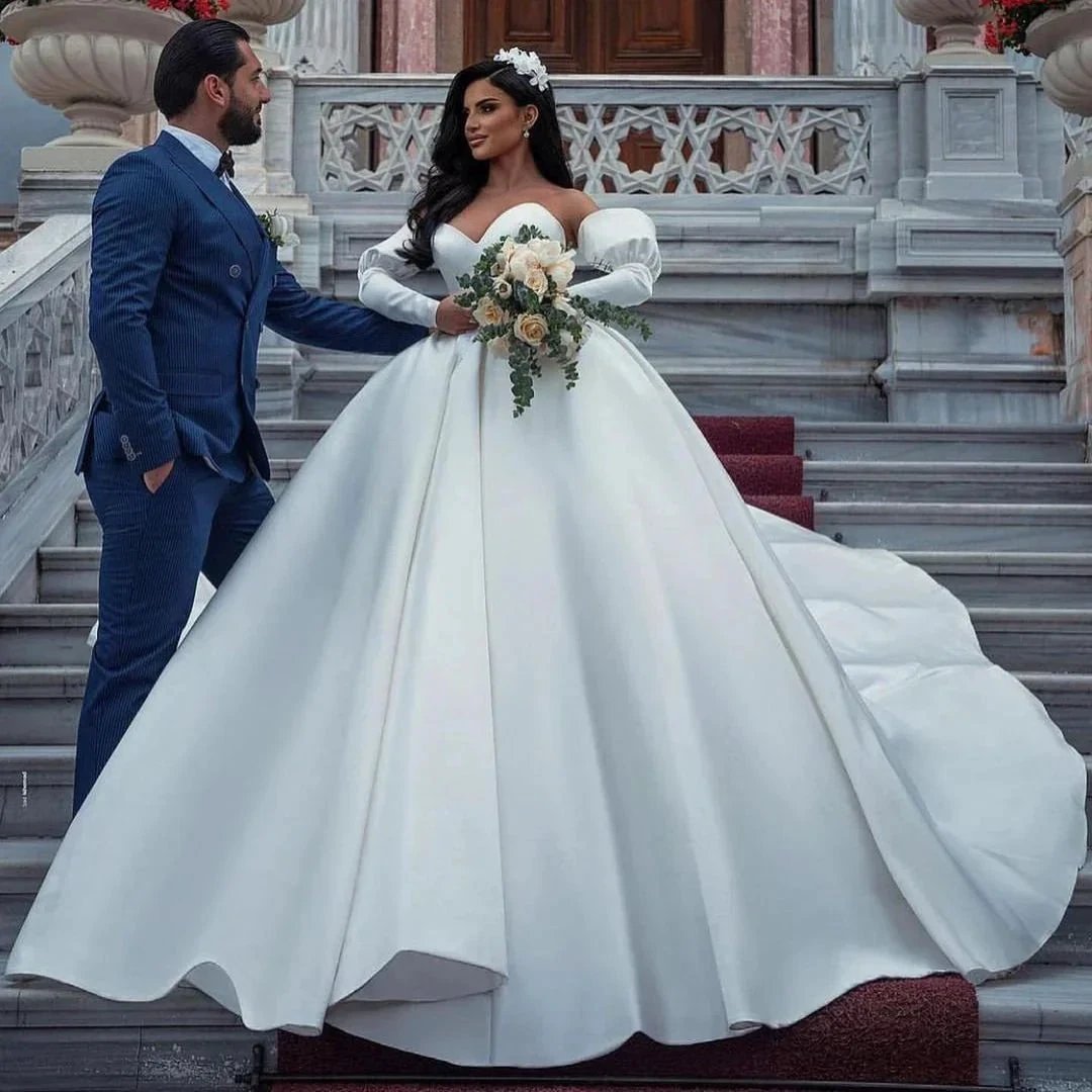 Amazing Long Princess Satin Sweetheart Wedding Dresses with Sleeves (ZD15041)