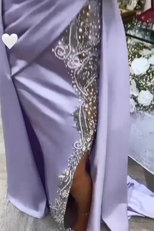 Amazing Long Purple High Neck Lace Beading Satin Evening Dress With Slit
