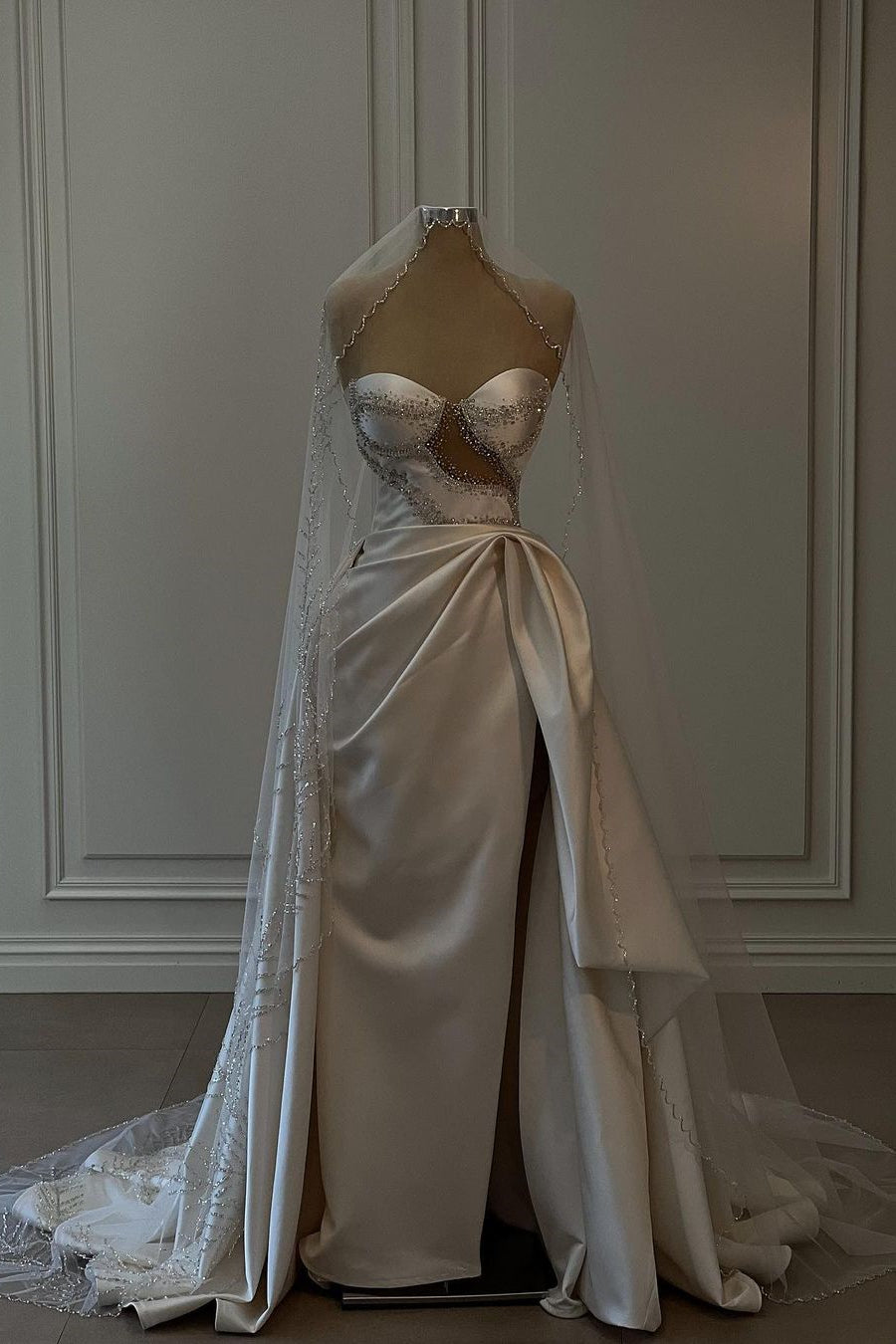 Breathtaking Long White Beaded Sleeveless Satin Wedding Dress Featuring Slit (ZD17479)