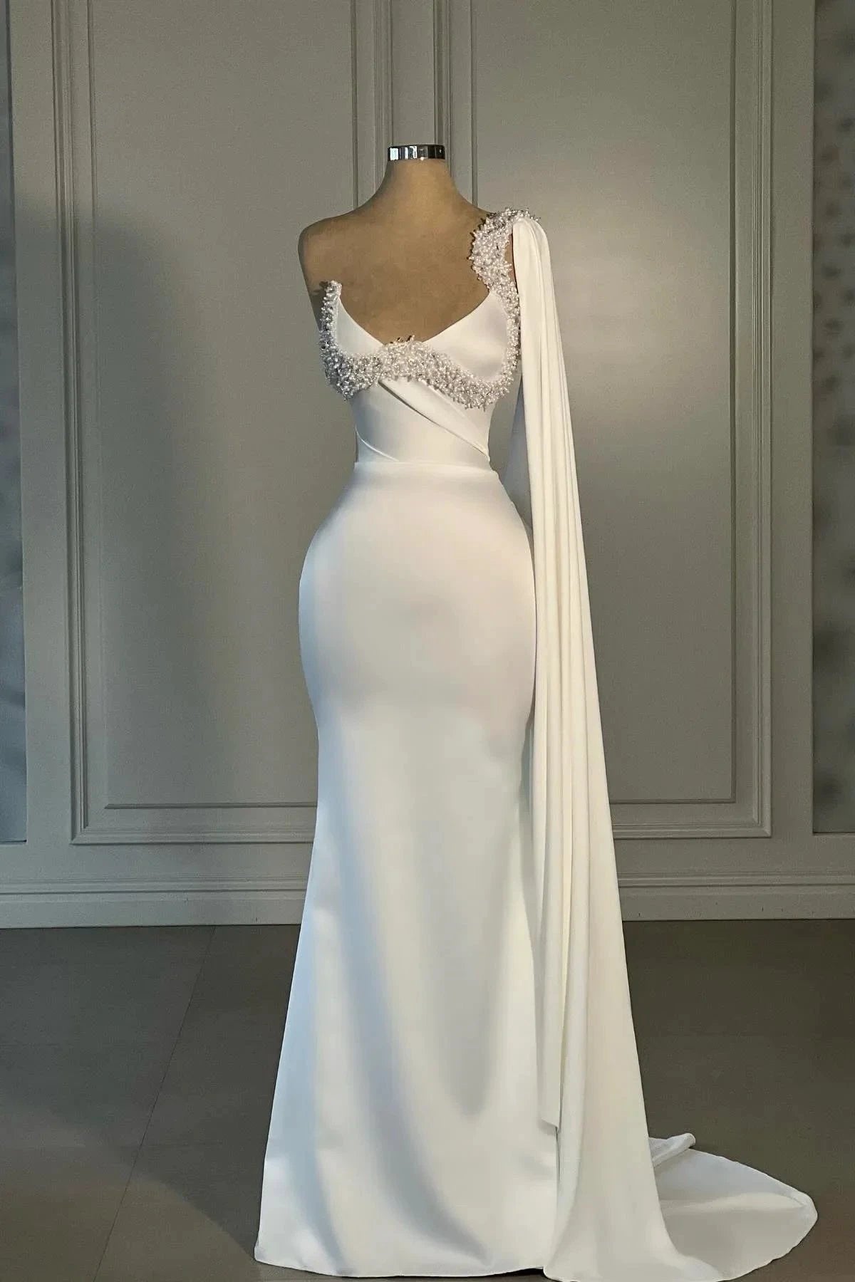 Amazing Mermaid Satin One Shoulder Sleeveless White Wedding Dress With Rhinestone (ZD15558)