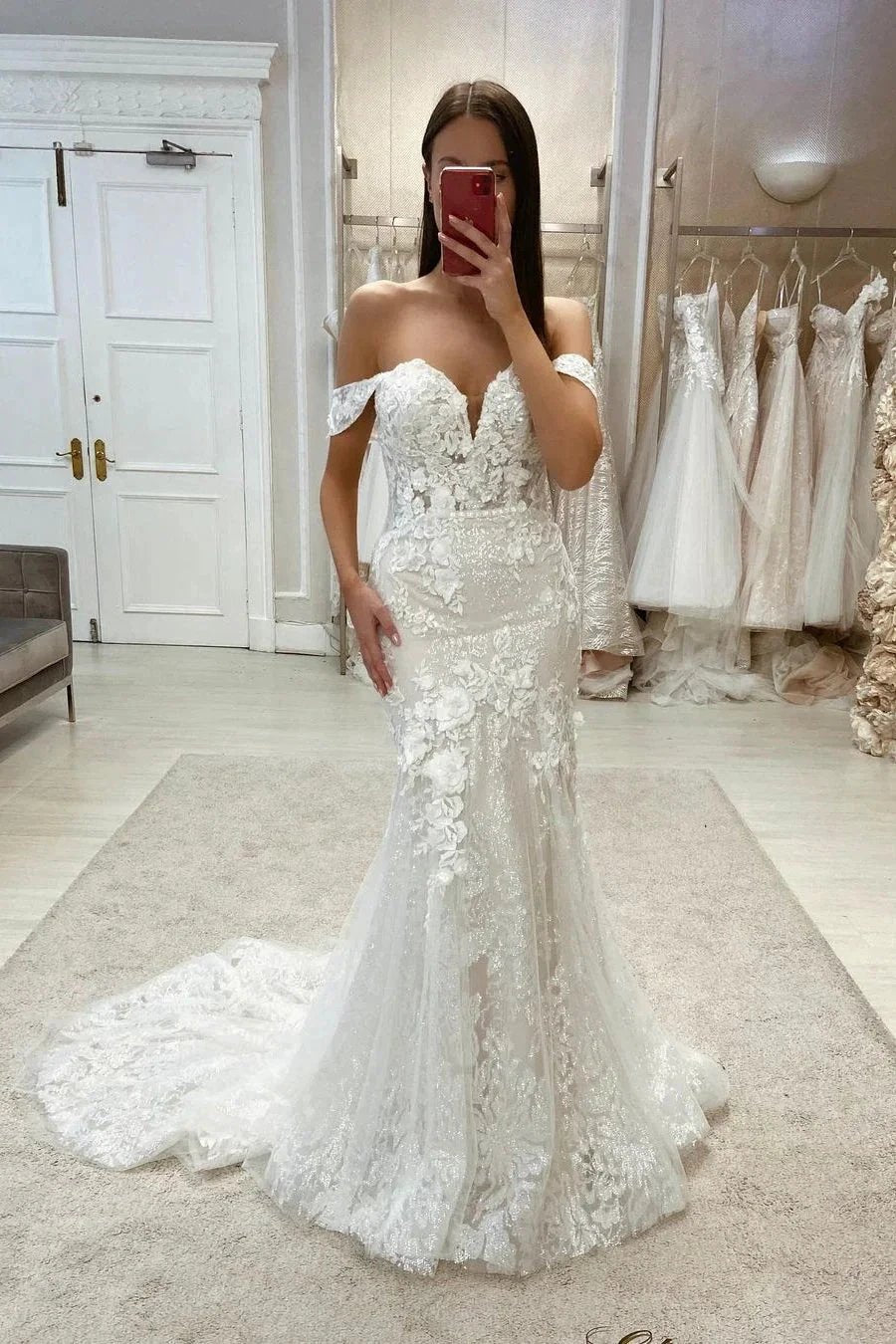 Amazing Off-the-shoulder Mermaid Appliques Wedding Dress With Lace (ZD14567)