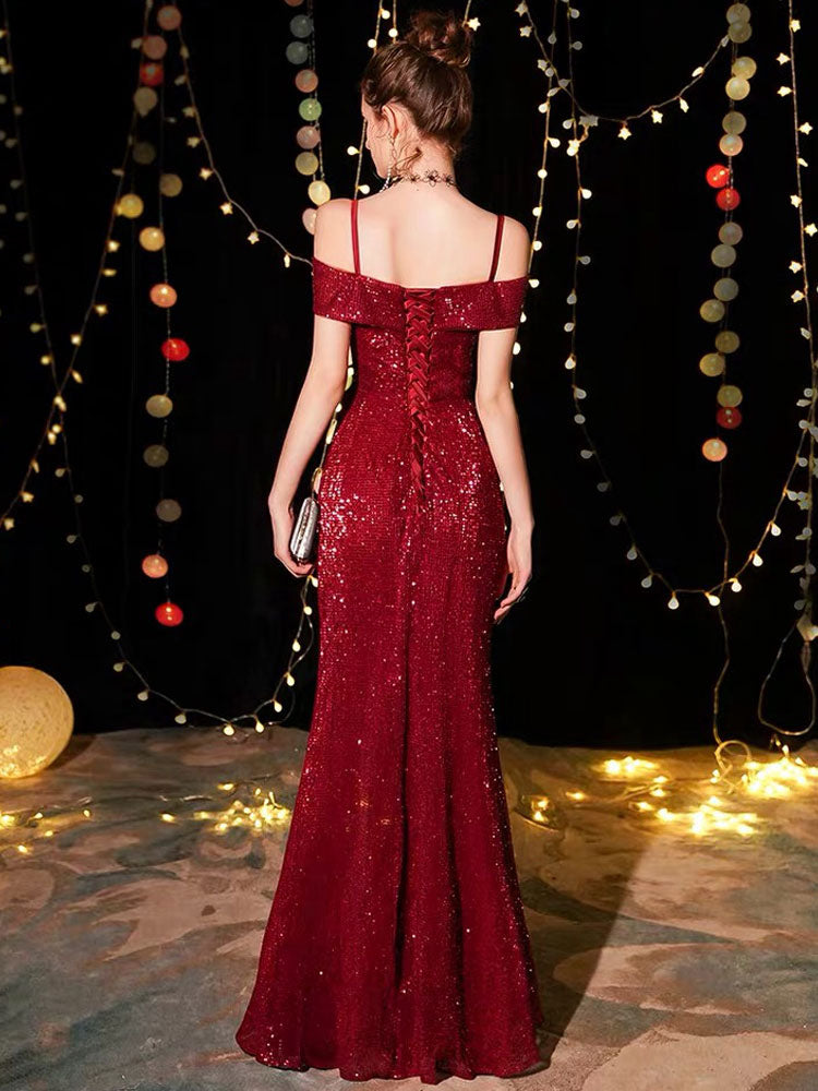 Amazing Sequin Evening Dresses Sexy Off-the-Shoulder Split Floor-Length Maxi Dress
