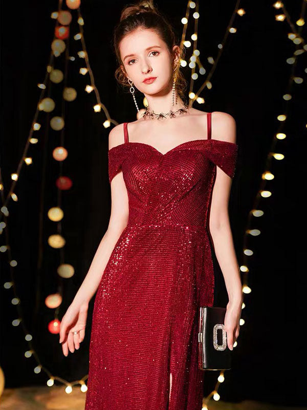 Amazing Sequin Evening Dresses Sexy Off-the-Shoulder Split Floor-Length Maxi Dress