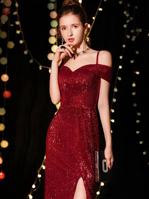 Amazing Sequin Evening Dresses Sexy Off-the-Shoulder Split Floor-Length Maxi Dress