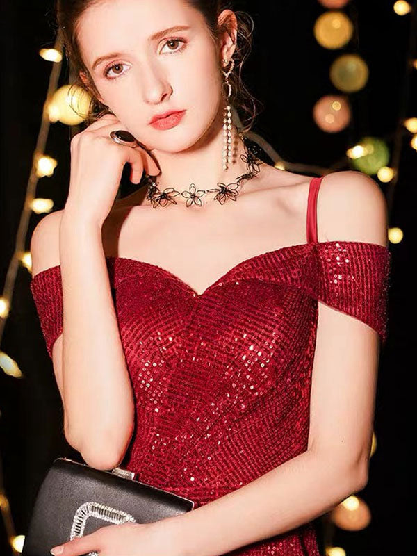 Amazing Sequin Evening Dresses Sexy Off-the-Shoulder Split Floor-Length Maxi Dress