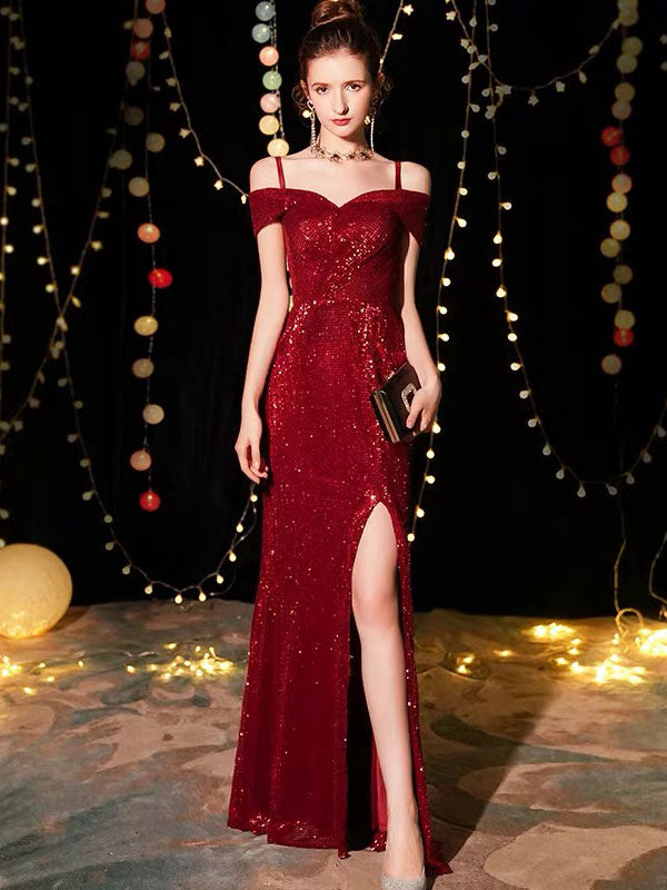 Amazing Sequin Evening Dresses Sexy Off-the-Shoulder Split Floor-Length Maxi Dress