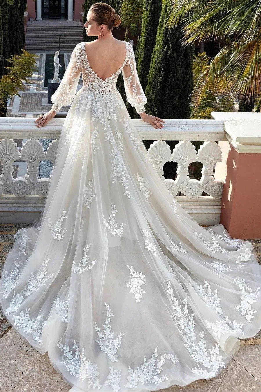 Amazing V-neck Backless Long Sleeves A-line Appliques Wedding Dress (ZD16431)