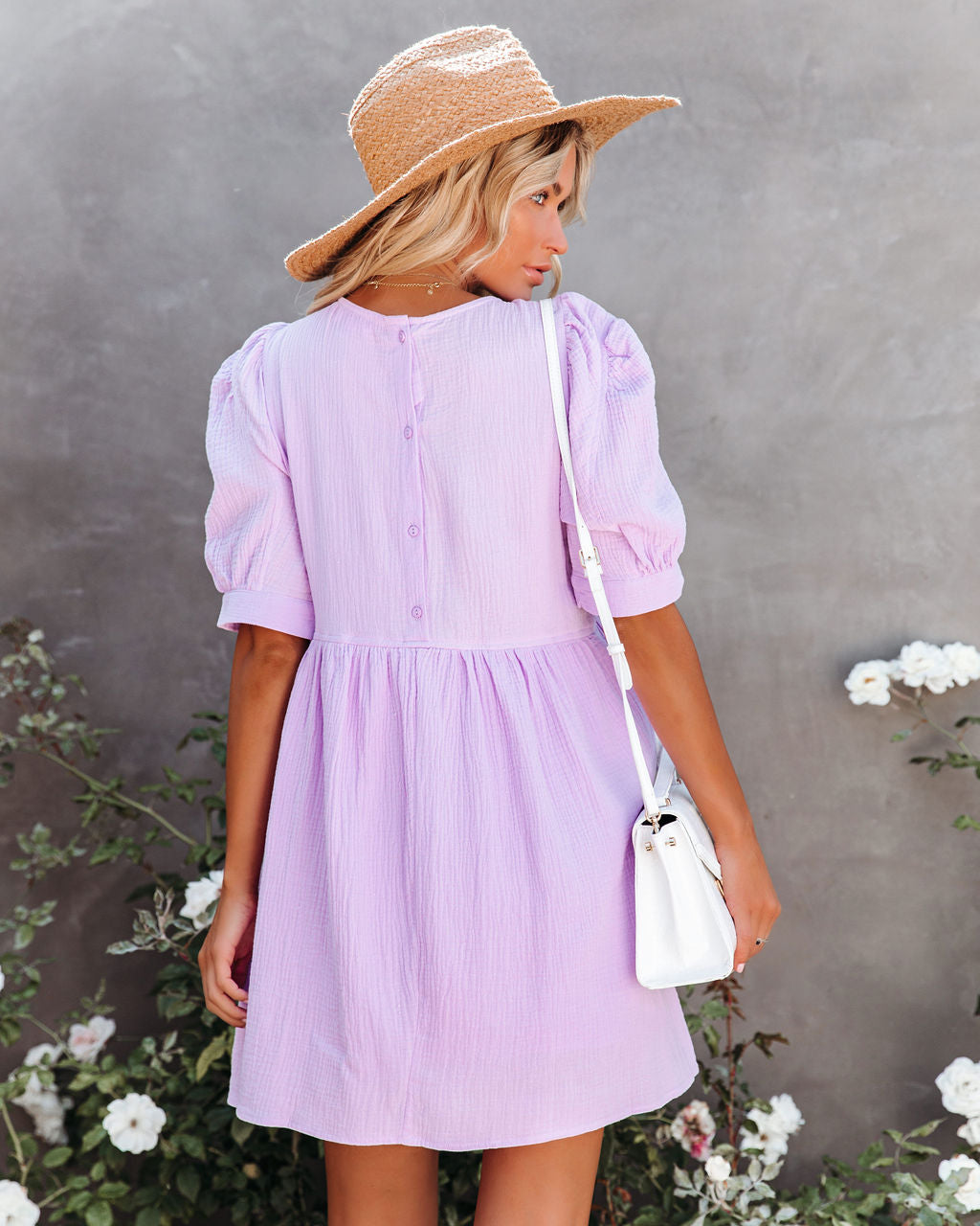 Amber Cotton Pocketed Puff Sleeve Dress Lavender