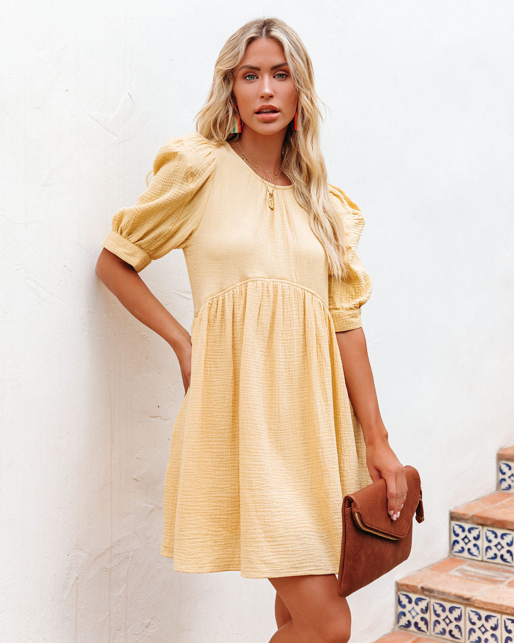 Amber Cotton Pocketed Puff Sleeve Dress Yellow FINAL