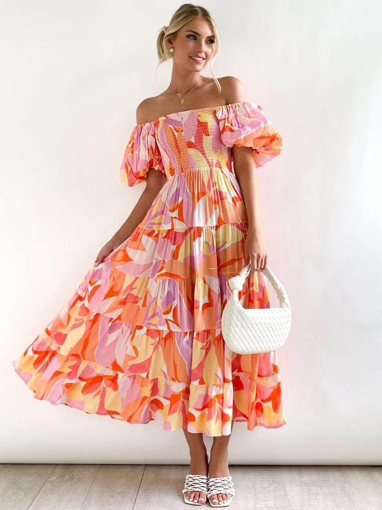 Oriana Luxe Printed Off the Shoulder Tiered Maxi Dress with Puff Sleeves Designer Edit