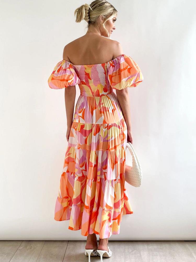 Oriana Luxe Printed Off the Shoulder Tiered Maxi Dress with Puff Sleeves Designer Edit