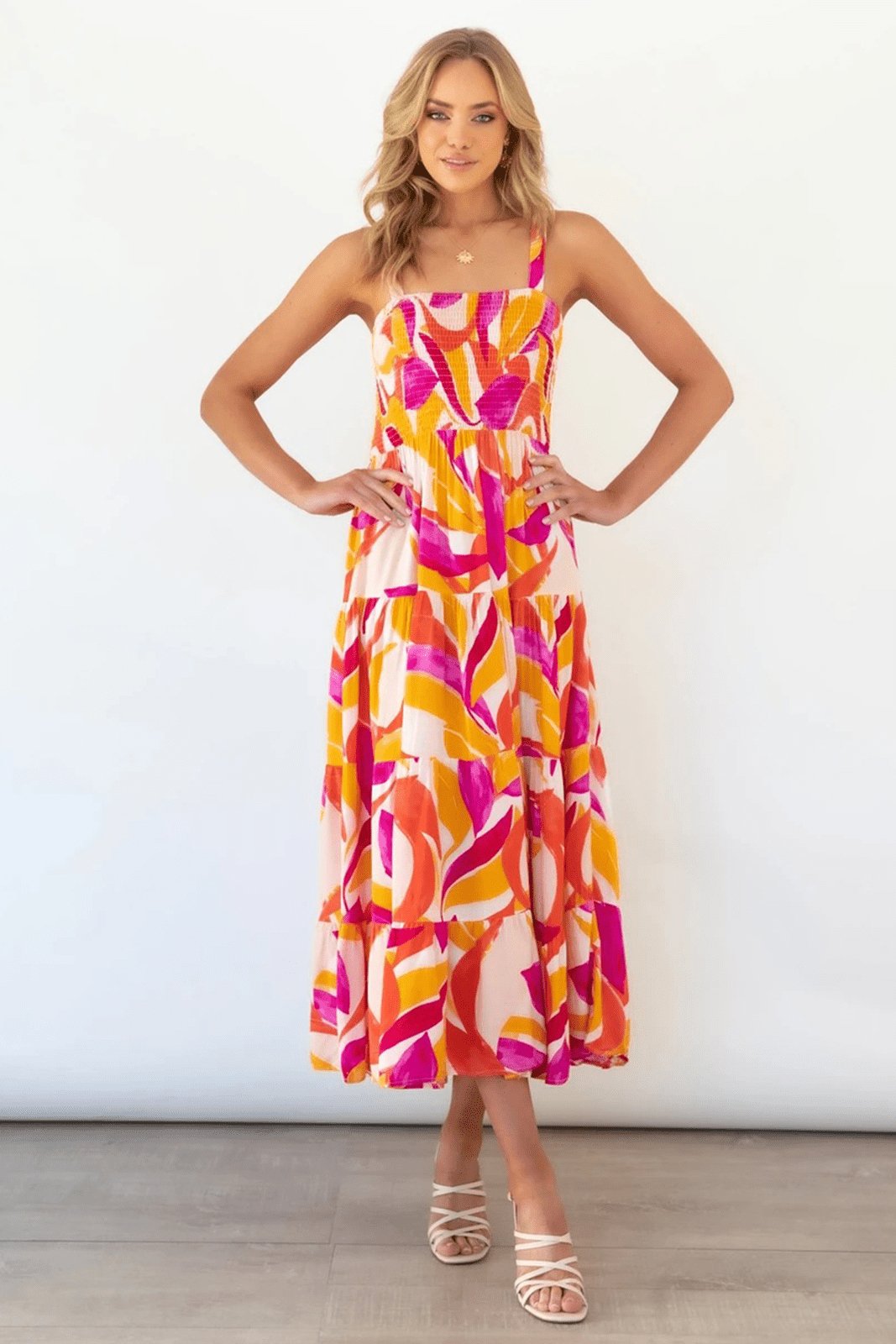 Nina Boutique Printed Tiered Maxi Summer Dress with Ruched Bodice Designer Edit